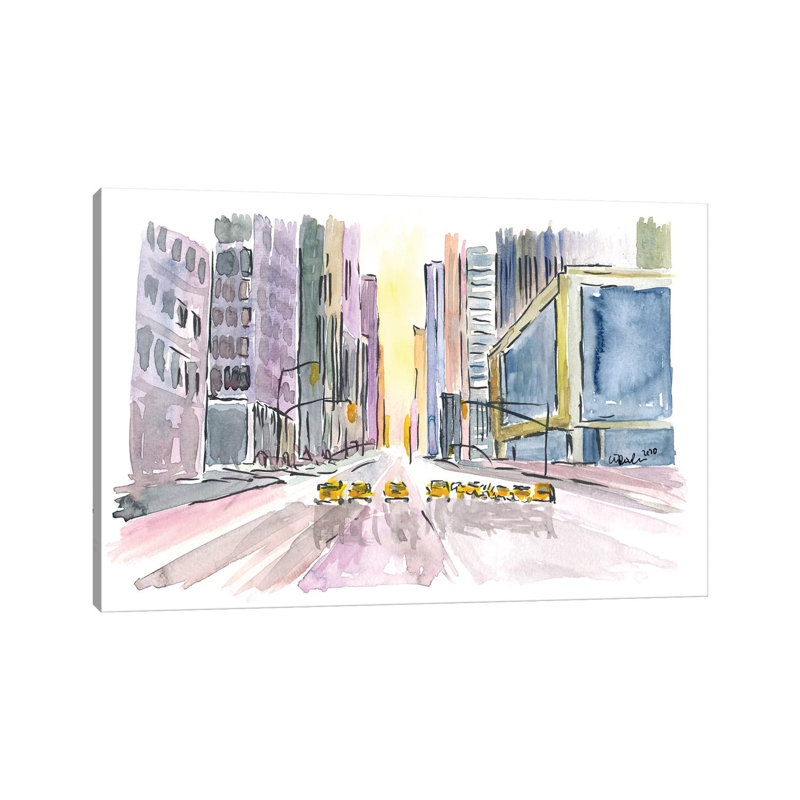 Street Canyon In Manhattan Nyc With Cabs by Markus & Martina Bleichner - Wrapped Canvas Painting
