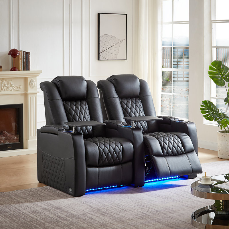Power Zero Gravity Top Grain Leather Home Theater Recliner Seating, Black