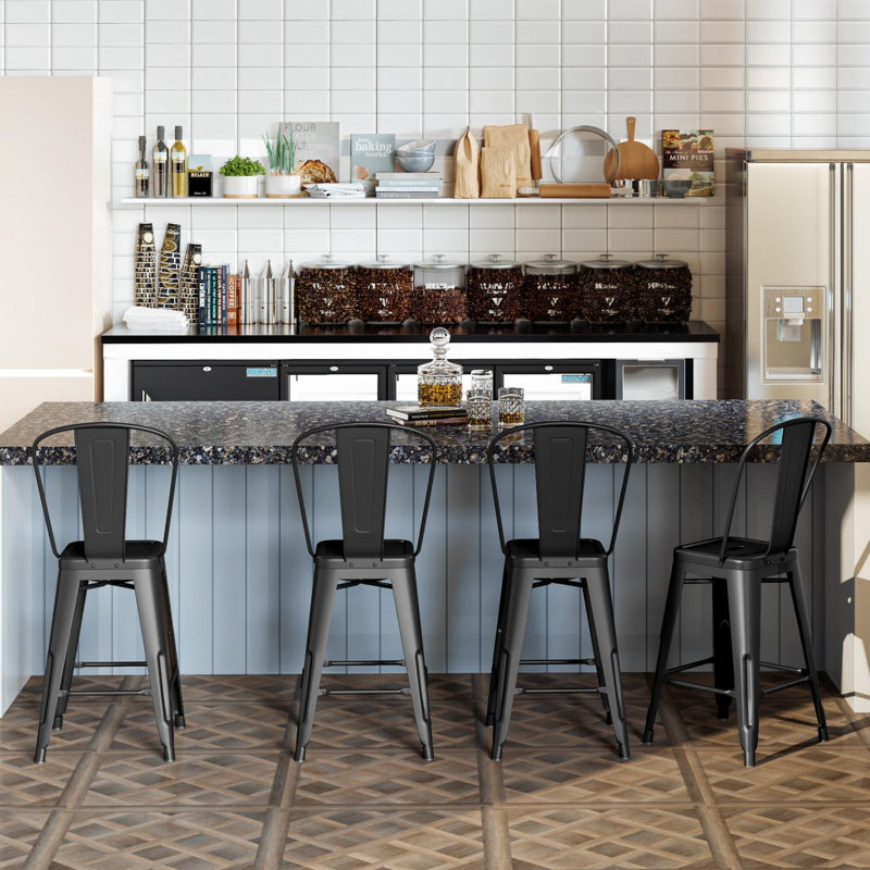 Frese Iron Counter Stool with Steel Frame, Matte Black
