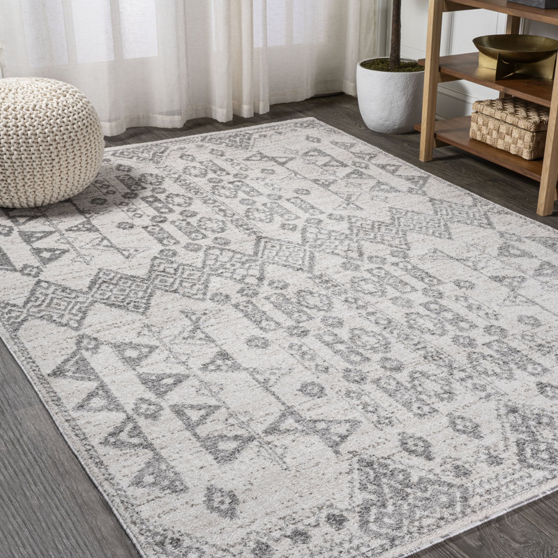 Shirley Tribal Diamond Geometric Gray/Beige Rug, Rectangle 7'7" x 10'2"