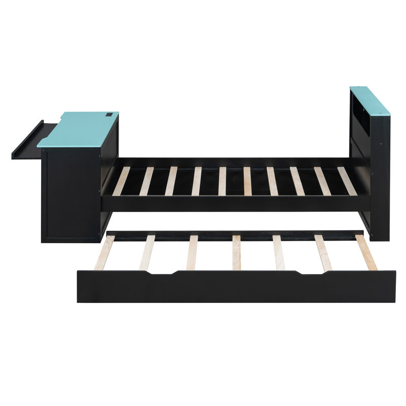 Twin Size Wood Daybed with Trundle, Desk, LED Light & USB, Multi-Functional Space-Saving, Black+Blue, Twin, Black/Blue