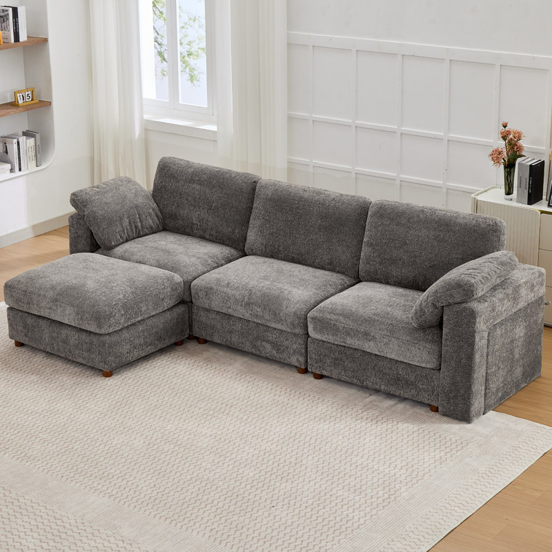 4 - Piece Teddy Modular Sectional Sofa Cloud Couch with Ottoman and 2 Storage Side Table, Gray, 3