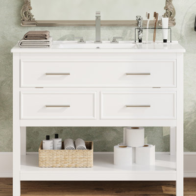Meuble-lavabo blanc de 36 po Wurster, livré avec lavabo en céramique, rangement à accès rapide, plateau basculant, 2 tiroirs, poignées en métal argenté, glissières de tiroir à fermeture en douceur et tablette ouverte, look Mid-Century luxueux de 36 po