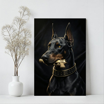 Doberman Pinscher with Golden Gun & Studded Collar in Dramatic Light Canvas Wall Art Print - Gallery Wrap Canvas with Solid Wood Inner Frame, Ready to Hang