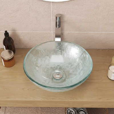 15-9/16" Round Tempered Glass Bathroom Vessel Sink with Chrome Pop Up Drain, Above Counter Artistic Basin