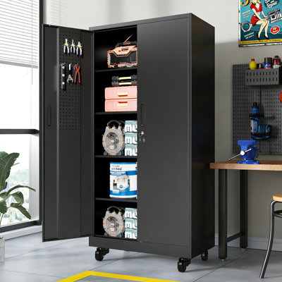 Armoire de rangement de garage Ackron en métal noir, 180 cm H x 86 cm L x 46 cm P, avec portes, 4 étagères réglables, armoire à outils roulante verrouillable avec panneau perforé et crochets