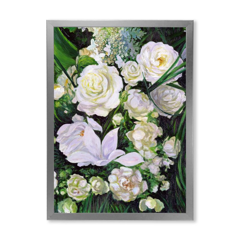 Bouquet de roses blanches et mauves - reproduction sur toile, H 20 po x l 12 po x P 1 po, Cadre photo argenté