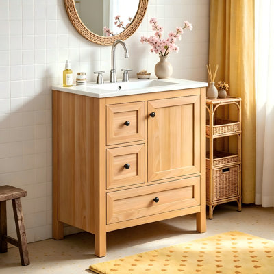 30" Wood Grain Single Bathroom Vanity with Ceramic Sink, Adjustable Shelf & Full Soft-Close Drawers & Door