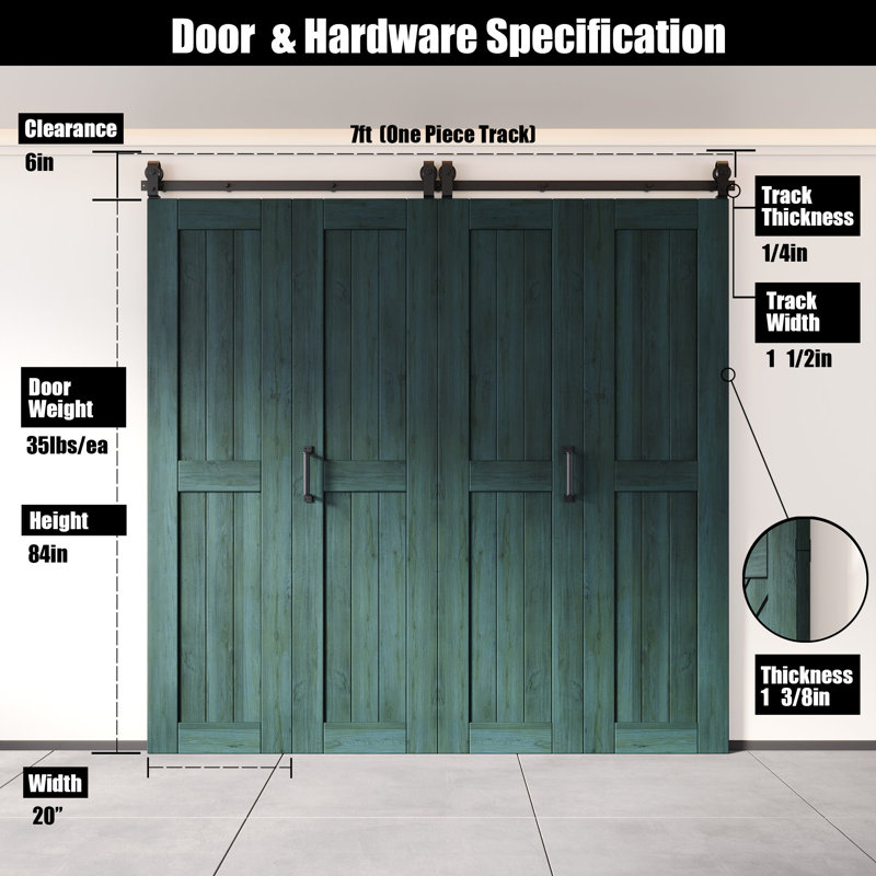 Porte de grange en pin royal non assemblée et finie de 84 po de hauteur, quatre portes de 20 po x 84 po avec quincaillerie de fixation supérieure pliable