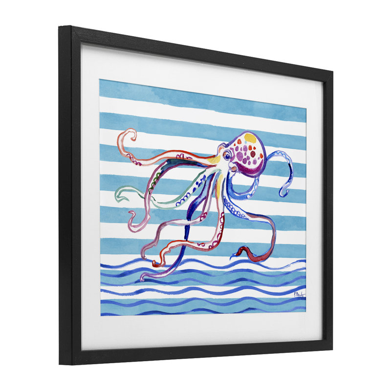 Pieuvre brossée sur rayures, reproduction encadrée sous verre, design par Paul Brent, H 13 po x l 16 po, Cadre noir minuit