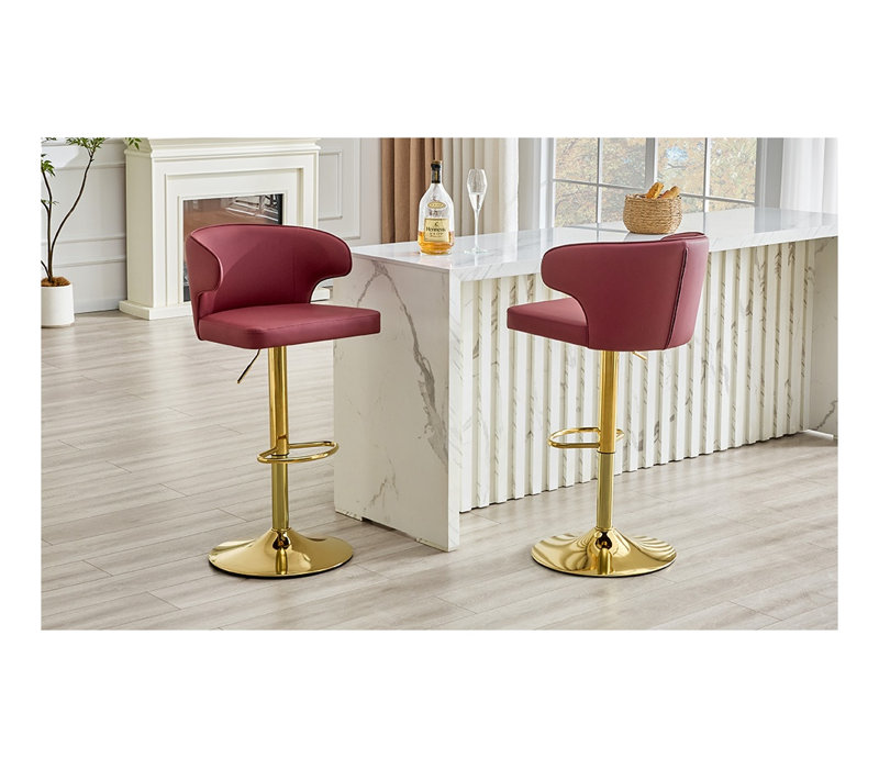 Ensemble de 2 tabourets de bar pivotants et réglables modernes, en cuir PU avec dossier haut et base en métal doré, pour îlot de cuisine et salle à manger, rouge.