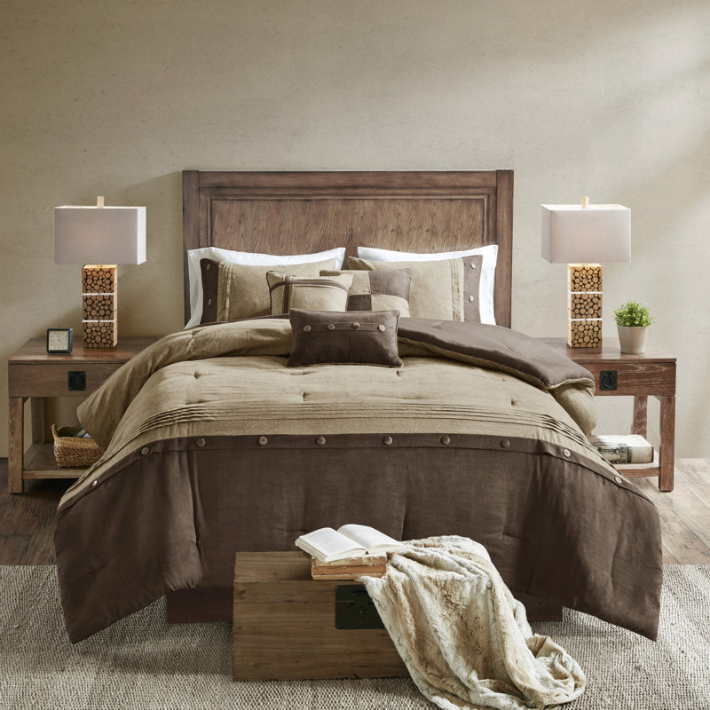 Édredon brun en faux suède - 7 pièces, style chalet, 2 taies décoratives incluses, lavable à la machine brun, thème, coussins décoratifs, froissé