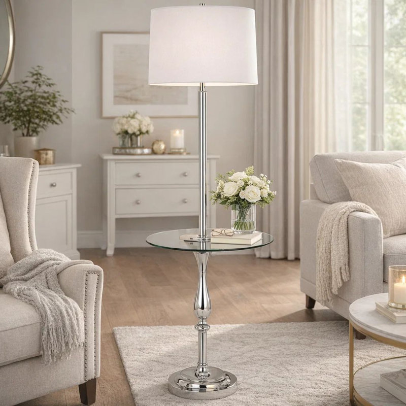 Abdul-Qayyum 61'' Tray Table Floor Lamp with USB, White, Silver