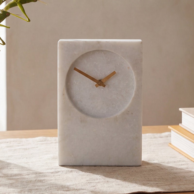 Analog Marble Quartz Movement / Crystal Tabletop Clock White, 9.3" H x 6.1" W x 2.35" D