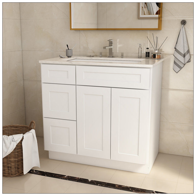 Versatile 36 In. W X 21 In. D X 34.5 In. H In Shaker White Plywood Ready To Assemble Floor Vanity Sink Base Kitchen Cabinet With Left Door