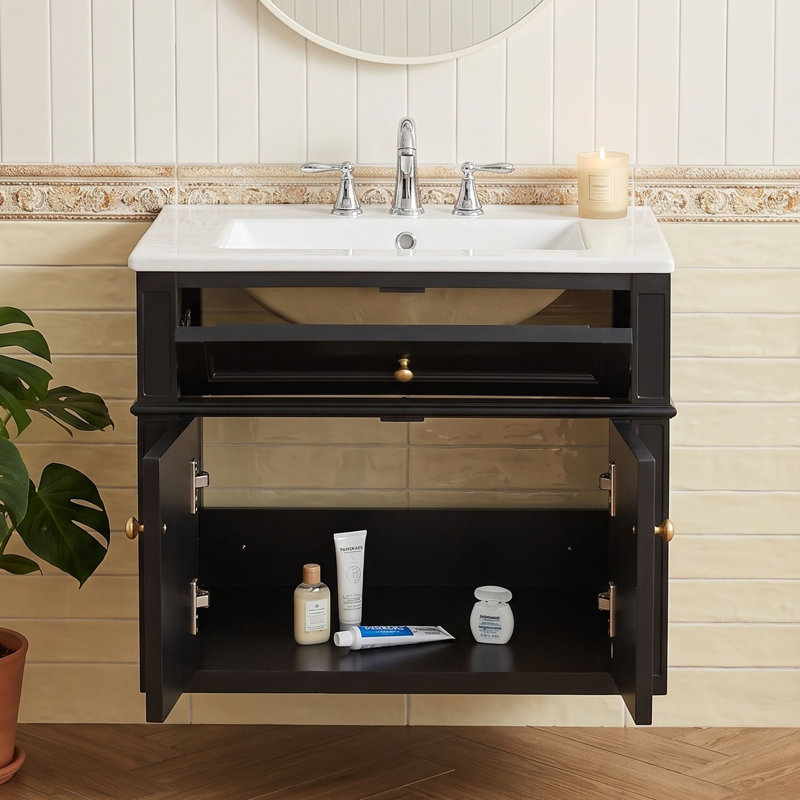 Meuble-lavabo mural avec lavabo en céramique, Black