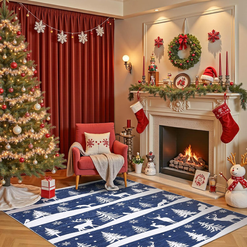 Red Rug, Washable Low Pile Christmas Carpet, Non Slip Soft Indoor Mat for Kitchen, Entryway or Living Room