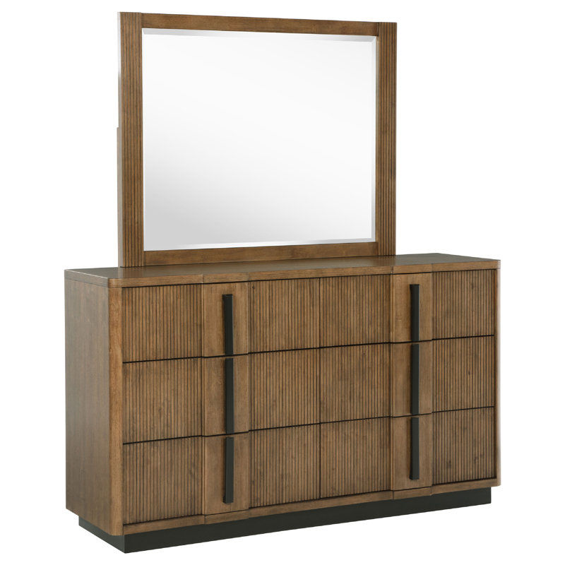 Commode large avec miroir Reon, 6 tiroirs, cannelures verticales, bois brun