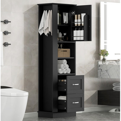Grande armoire de rangement pour salle de bain, armoire de rangement autoportante avec crochet et tablette réglable, panneau de fibres à densité moyenne, noir, armoire de porte supérieure avec tablette intégrée et deux tiroirs inférieurs