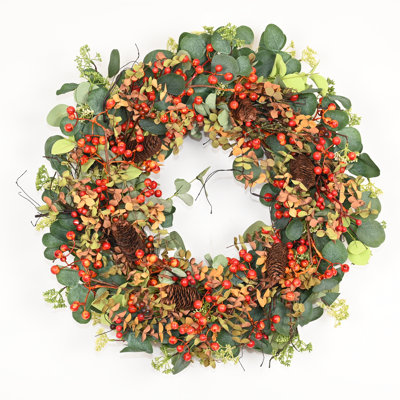 26" Artificial Farmhouse Harvest Thanksgiving Day Decor Greenery Eucalyptus Foliage Berry Pinecone Fall Wreath For Front Door