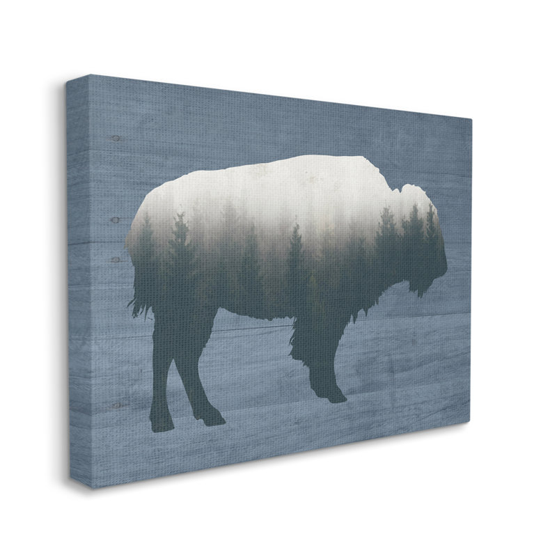 " Rustic Bison Shape Silhouette Forest Trees Pattern " by Lettered And Lined, 16" H x 20" W x 1.5" D, Wrapped Canvas