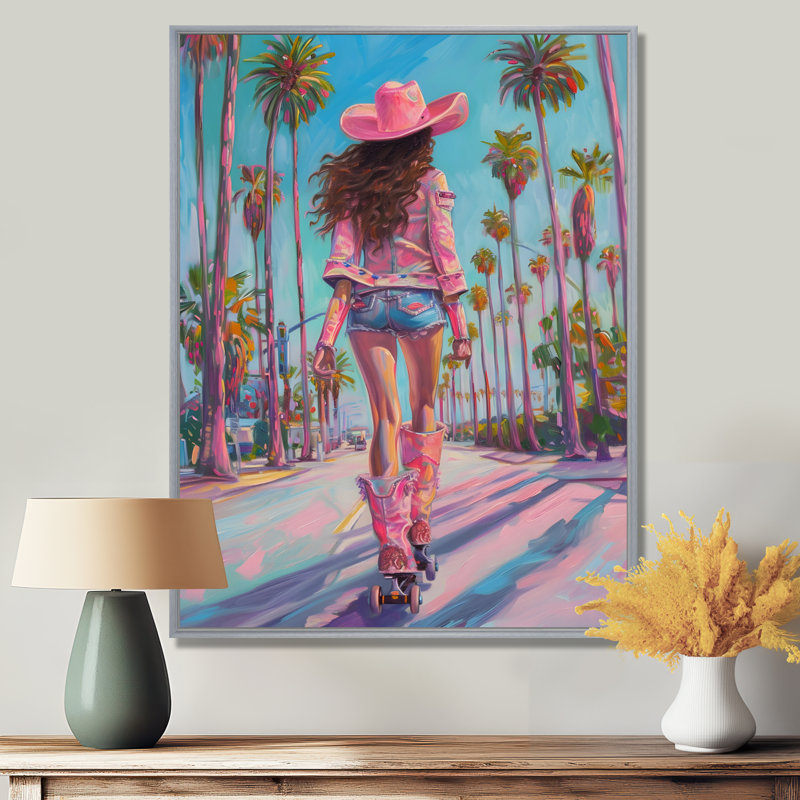 «Cowgirl Rollerblading Down Sunset Boulevard» - décoration murale Cowgirls, Toile argentée avec cadre flottant