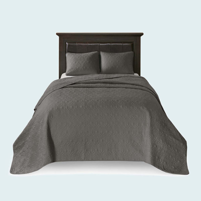 Reversible Set, Queen Bedspread + 2 Standard Pillow Shams, Dark Gray