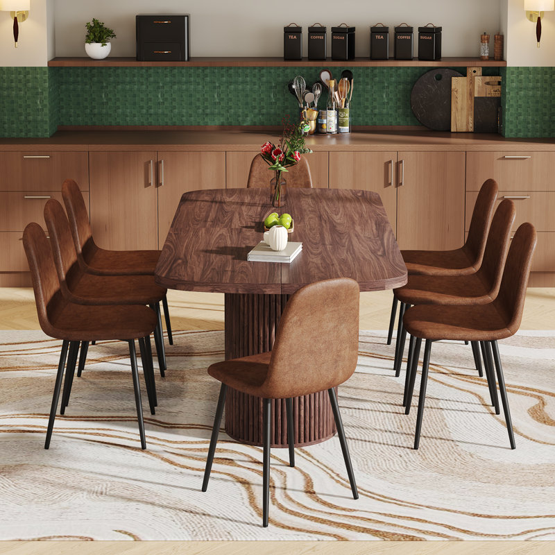 79'' Large Farmhouse Kitchen Dinning Table Set Double Robust Pedestal, Brown Wood, Brown, 9 Pieces: Table, 8 Chairs