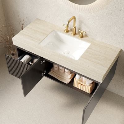 Meuble-lavabo de salle de bain 48 po avec comptoir en pierre frittée, lavabo en céramique 3 trous pré-percés, armoire en contreplaqué, 2 portes et 1 tiroir, clapet à fermeture en douceur, égratignure et grand lavabo avec motif