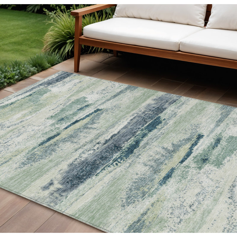 Tapis intérieur lavable abstrait vert ivoire et bleu denim 8 pi x 10 pi