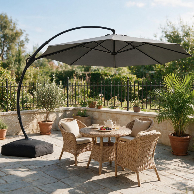 Parasol déporté incurvé de 3,65 m (12 pi) avec base, sacs de lestage et housse, pour terrasse et jardin., 12 pi, Gris