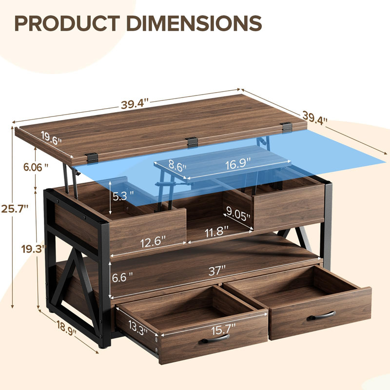 Table basse à plateau relevable 40 po, 19.3" H x 39.4" W x 19.6" D, Walnut