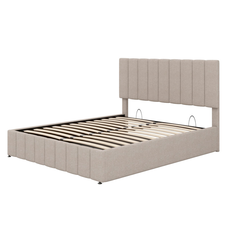Grand lit plateforme tapissier avec système de rangement à levage hydraulique, Beige