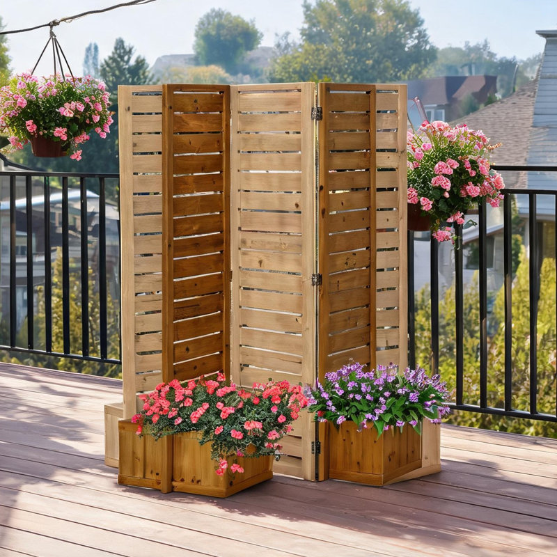 Paravent autoportant avec quatre jardinières surélevées en bois de sapin naturel et panneaux de treillis articulés