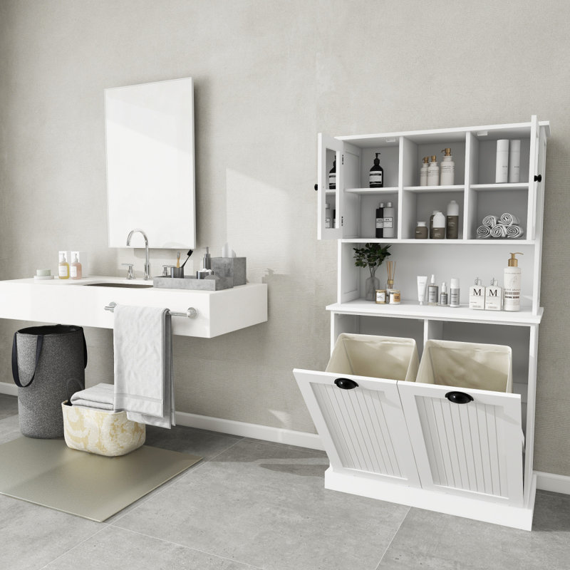 Armoire de salle de bain inclinable à deux compartiments avec panier à linge haut et 2 tablettes réglables