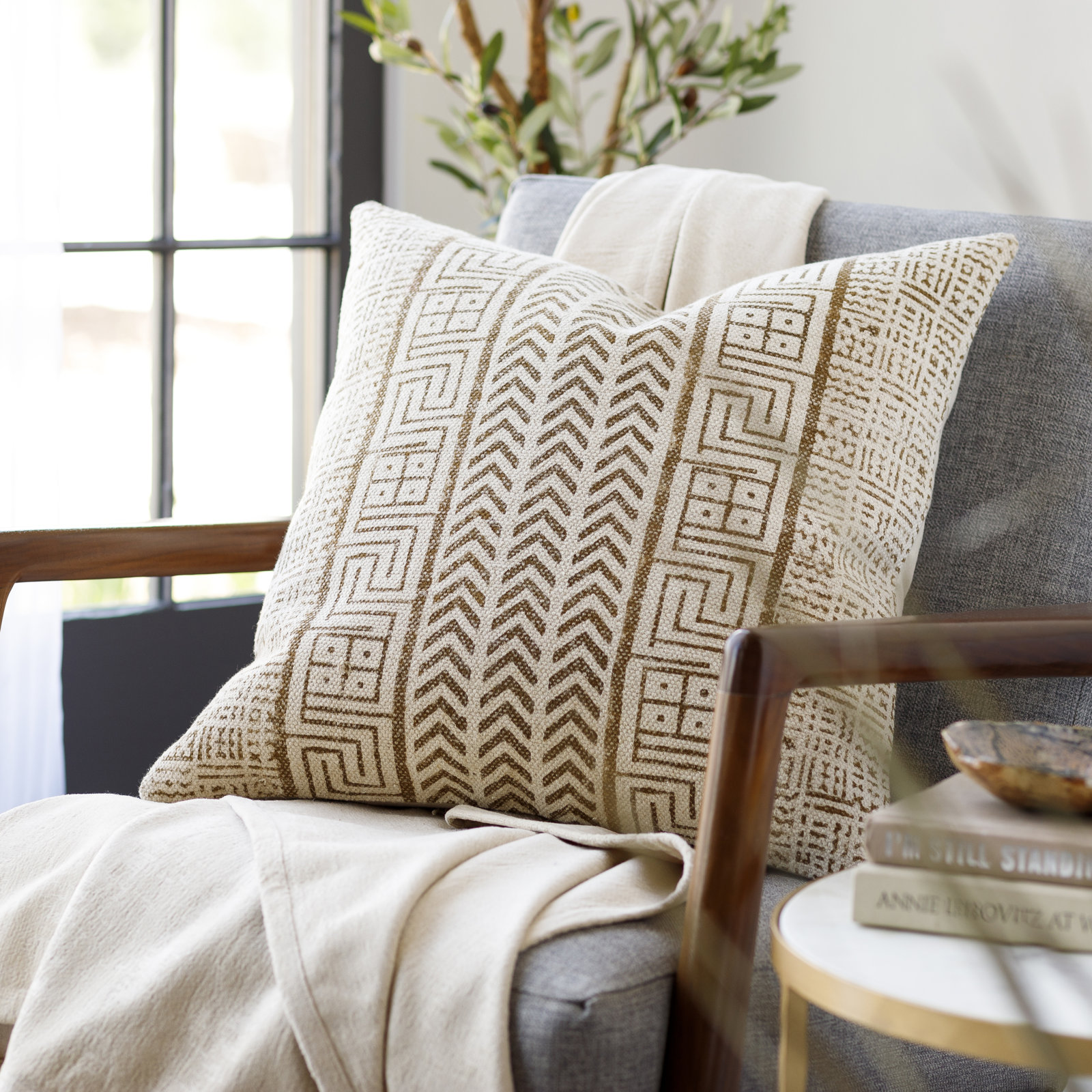 Zetta Geometric Cotton Throw Pillow, 22" x 22", Down, Beige/Black