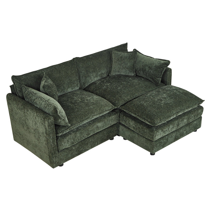 Modern Chenille Loveseat Sofa Couch With Ottoman, 33.85" H x 77.16" W x 35.82" D, Green Chenille