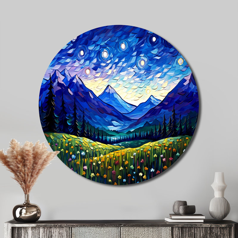 Vangogh nuit étoilée au-dessus des montagnes - paysages d'art rond en métal, H 29 po x l 29 po
