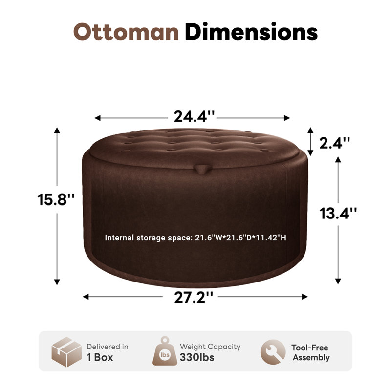 27.2'' Upholstered Round Tufted Ottoman With Storage, PU - Cocoa