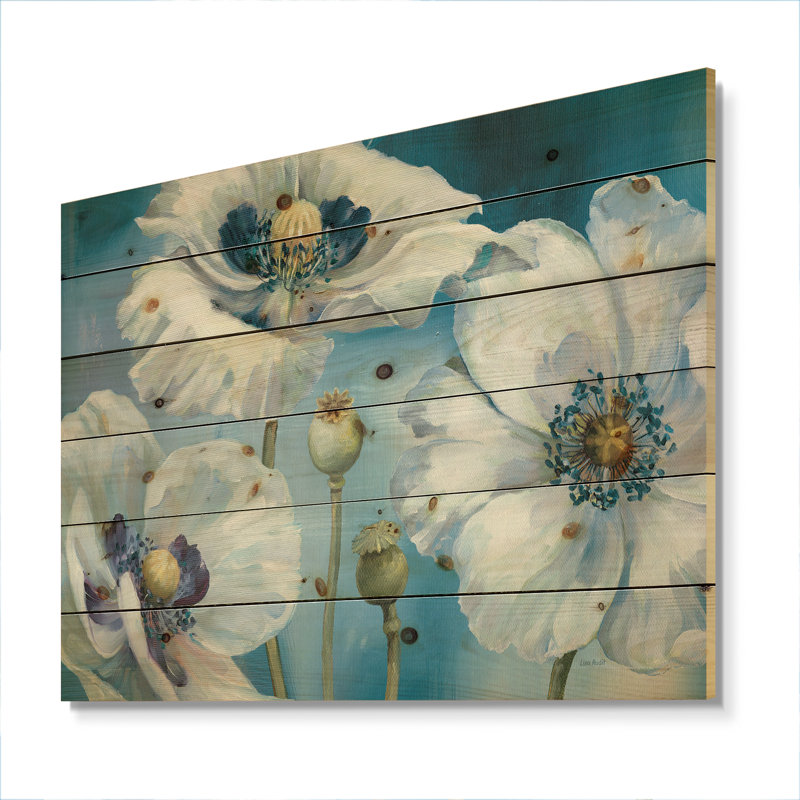 Fleur blanche peinte à la main sur fond bleu II - imprimé campagnard sur bois de pin naturel, H 36 po x l 46 po x P 1,5 po