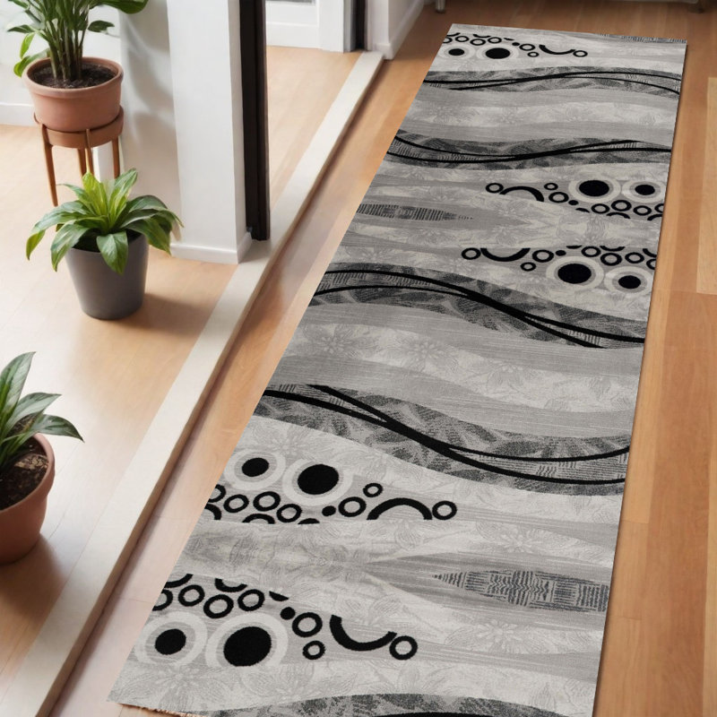 6' Gray And Black Geometric Runner Rug