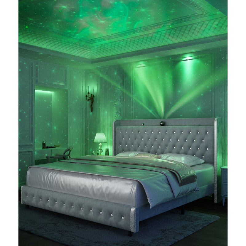 Modern Upholstered Bed Frame With Crystal Button Headboard And LED Starry Night Light, No Box Spring Needed, Gray, Queen