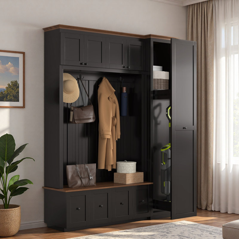 5-in-1 Hall Tree With Bench, Coat Rack, Drawers, Cabinets And Extra-large Side Storage Space, Black