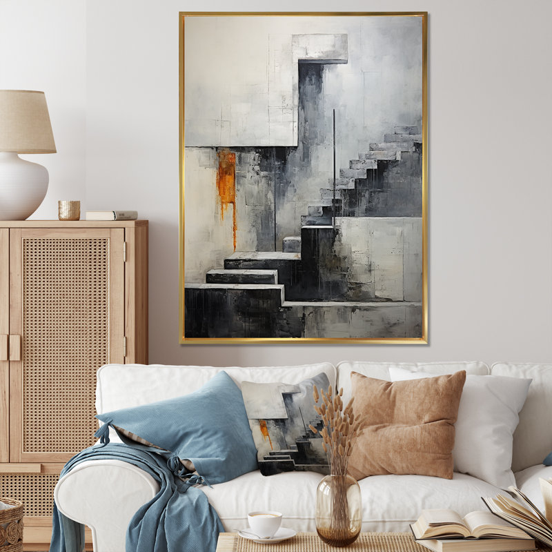 Abstrait escalier argenté - formes abstraites, impressions sur toile, Cadre flottant doré, 32" H x 16" W