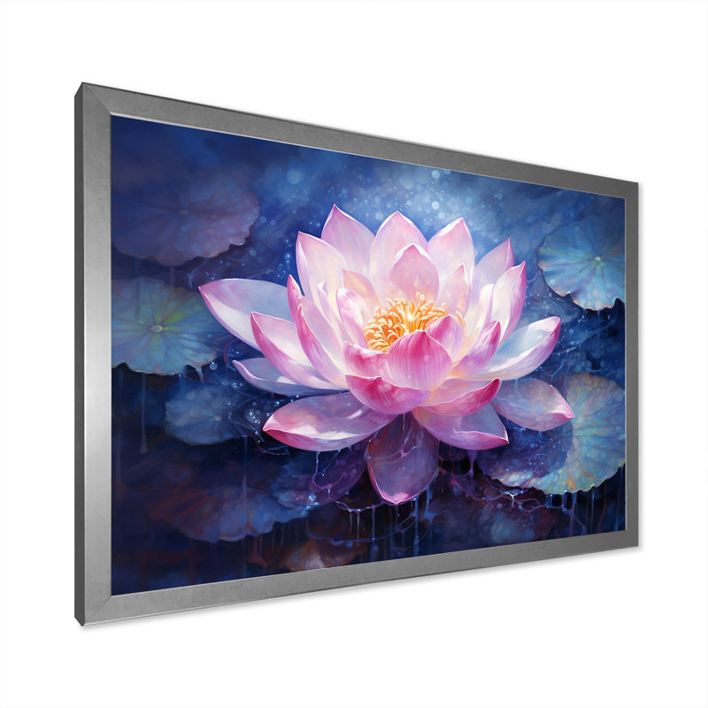 Lotus luminescence sur toile, H 34 po x l 44 po x P 1,5 po, Cadre simple argenté