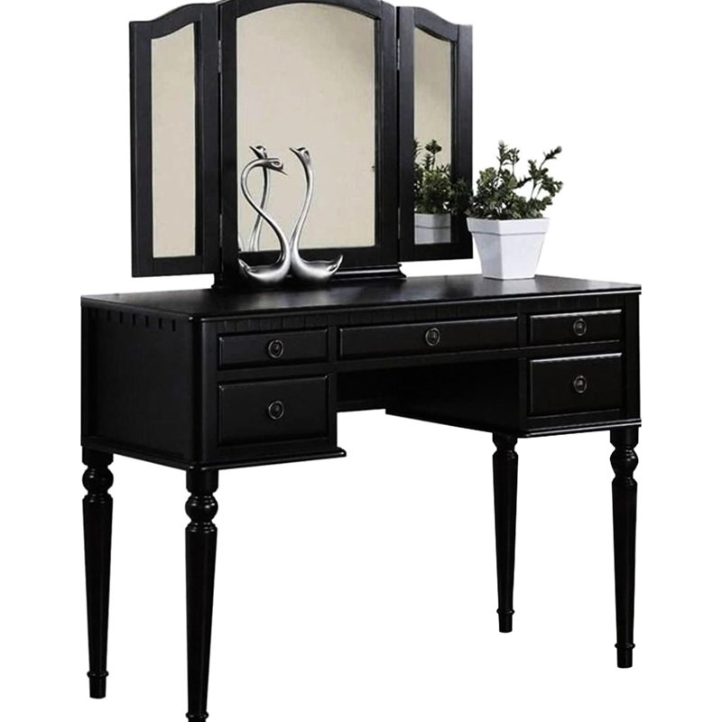 Meuble-lavabo de chambre à coucher noir avec miroir pliable et tabouret - Design contemporain avec tiroirs rembourrés