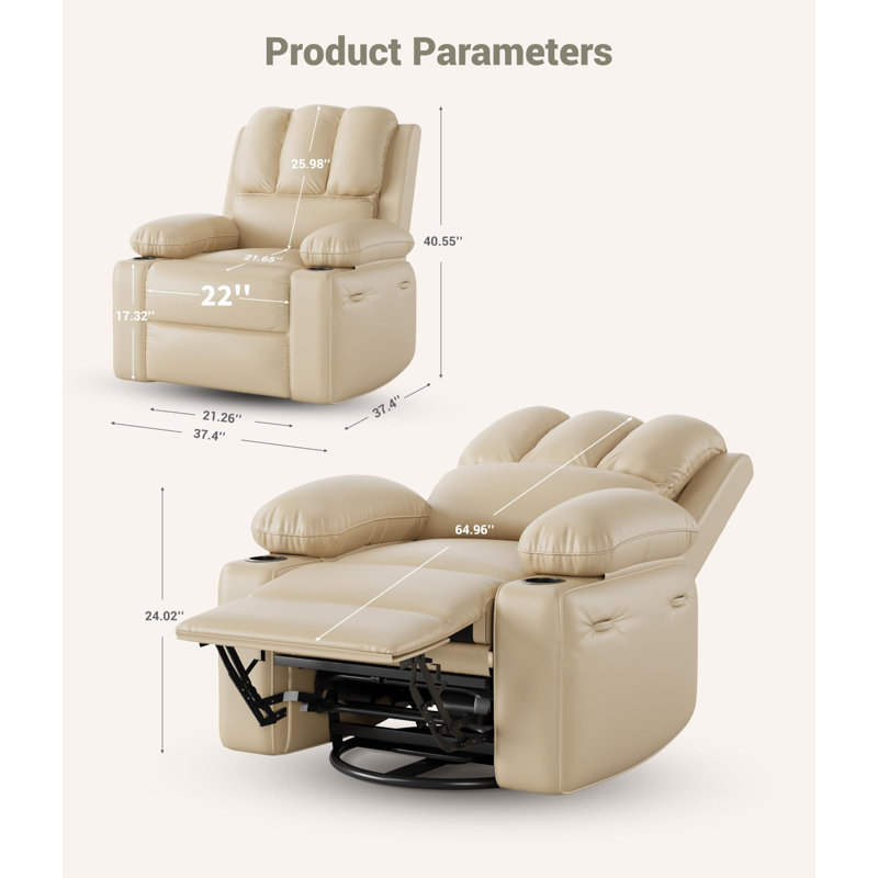 Leather Recliner Chair with 2 Cup Holders and Side Pocket, Beige