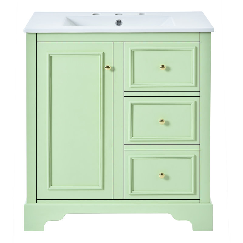 Elegant Bathroom Vanity With Ceramic Basin And Ample Storage, Green, Gold