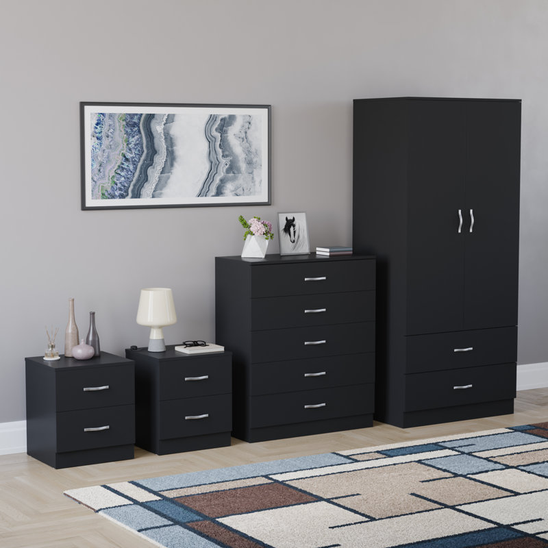 Tayce 4 Piece Bedroom Set (2 Drawer Bedside Chest X2, 5 Drawer Chest, 2 Door 2 Drawer Wardrobe, Black