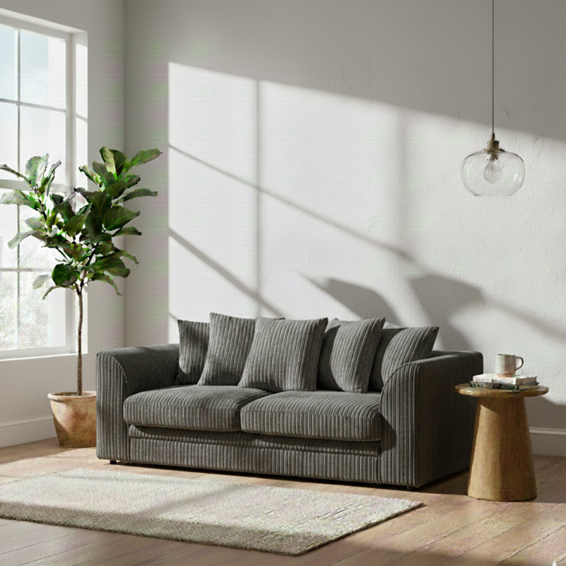 3 Seater Corduroy Sofa, Grey, 90cm H x 190cm W x 90cm D